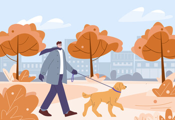 Walking dog in park. Man promenade puppy on leash, happy outdoor leisure. Active lifestyle pet owner, male lead labrador. Kicky walk nature vector scene © MicroOne