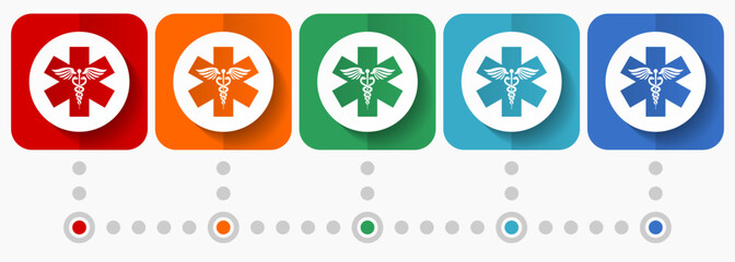 Emergency, hospital vector icons, infographic template, set of flat design symbols in 5 color options