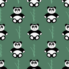 Fototapeta premium Seamless pattern with panda on green background. Set of chinese bear with bamboo plant. 