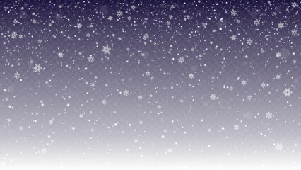 Realistic winter snowfall effect, snowflakes and snow particle fall down. Christmas, new year blizzard scene, overlay snowstorm. Falling snowy pithy vector background