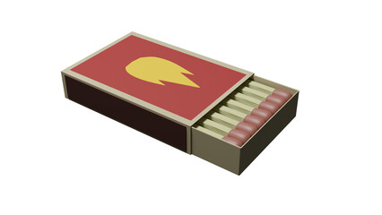 Half opened paper matchbox with wooden red matches isolated on transparent surface. 3D render