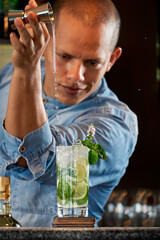Bartender mixing a cocktail in a crystal glass in an american bar - Barman pouring alcohol in a glass with aromatic herbs - Profession, lifestyle, drink concept