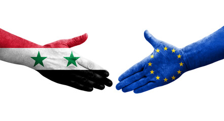 Handshake between European Union and Syria flags painted on hands, isolated transparent image.