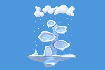 Cartoon abstract 3d house on an island in winter on a homogeneous background is isolated. Winter Christmas concert. 3d illustration from copy space