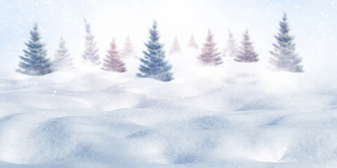 Winter forest against the background of snowdrifts. Christmas background.