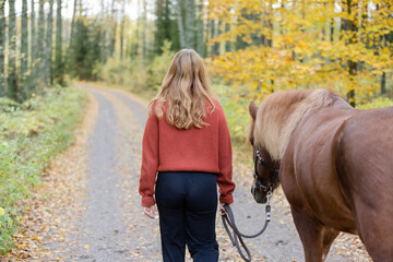 Young woman walking on gravel road with Icelandic horse in autumn scenery.