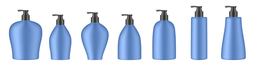 Set of blue cosmetic bottles with pump. Dispenser. Liquid soap or shower gel. Professional shampoo