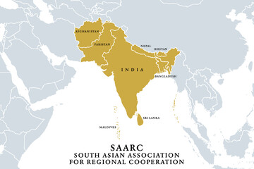 SAARC, member states, political map. The South Asian Association for Regional Cooperation, a regional intergovernmental organization and geopolitical union of eight states in South Asia. Illustration.