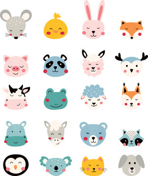 Big set of cute animal faces and pets. Hand-drawn vector illustration. Perfect for birthday parties, children's parties, clothing prints, greeting cards