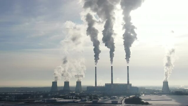 Smoke. Industrial pipes and puffs of smoke. Power station. Environmental pollution. Ecology. Air pollution. Global warming. Atmosphere system. Global catastrophe. 