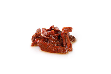 Sun dried tomatoes with olive oil in ceramic jar isolated on a white background, clipping path, cut out. Sun-dried tomatoes.