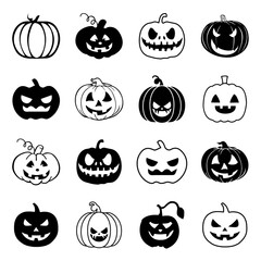 Holiday collection of scary pumpkins for Halloween. Gothic halloween sticker pack as prints, patterns for graphic or fashion design.