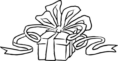 Gift box with bow, hand drawn illustration. Cartoon style drawing. Decorative element for poster print, Christmas party invitation, birthday, wedding celebration, anniversary event, sale discount.