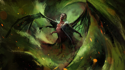 A demonic ghost of a dead girl with hellish wings, surrounded by a magical vortex and sparks. A poisonous fire mist surrounds her, she is a reaper. her face is a skull with a long, nasty tongue.2D art © Николай Акатов