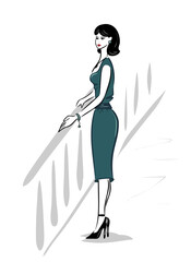 Beautiful woman in elegant dress is holding on to the railing.