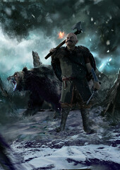 A bald Viking dwarf in chain mail armor stands on snow-covered mountains and holds an axe and a dagger. behind him is a trained scary bear. he looks at the magic glowing butterfly and smiles. 2D art