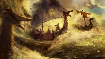 Poster Epische Viking-drakenboten varen in fel zonlicht door de woeste zee. golven slaan tegen schepen en heldhaftige krijgers met helmen met hoorns staan op het dek. ze zijn op reis. 2D kunst © Николай Акатов