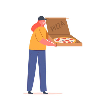 Young Girl Wear Courier Uniform Holding Box with Pizza, Teenager Female Character Choose Profession, Side Job, Playing