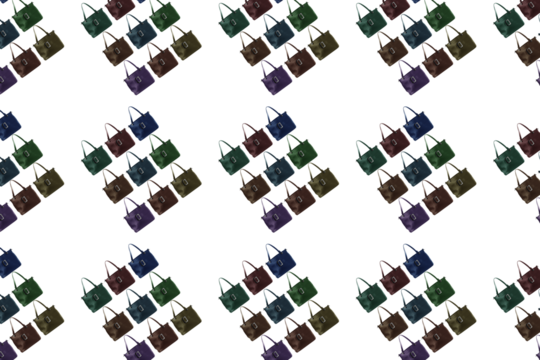 multi-colored women's bags in a pattern on white