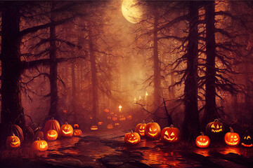 Halloween, pumpkins, forest, halloween background, illustration