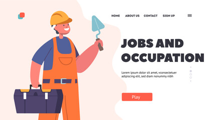 Job and Occupation Landing Page Template. Kid Wear Builder Suit Holding Toolbox and Trowel, Boy Choose Future Profession