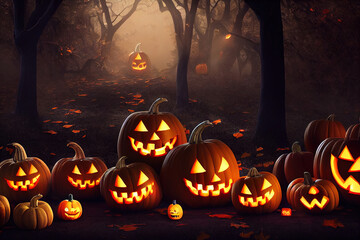 Halloween, pumpkins, forest, halloween background, illustration