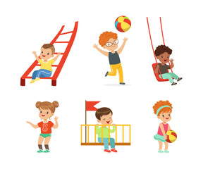 Obraz premium Cute Little Kids Having Fun Playing at Playground Enjoying Outdoor Activity Vector Set