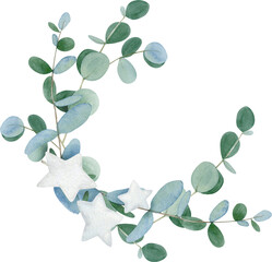 Watercolor winter wreath with hand drawn eucalyptus leaves