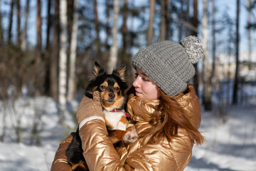 A young girl in the forest in winter holds a dog in her arms and enjoys the weather and the sun outdoors