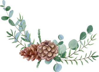 Watercolor hand drawn winter bouquet with eucalyptus leaves, cone