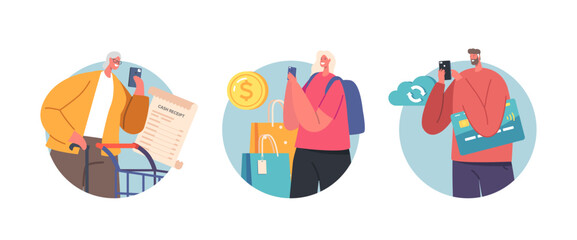 Fototapeta premium Characters Use Safe Contactless Payment Isolated Round Icons or Avatars. Buyers Hold Credit Cards, Smartphones, Trolley