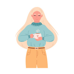 Woman in sweater with cup of hot drink. Woman with coffee. Winter time, happy holidays, hygge. Hand drawn vector illustration