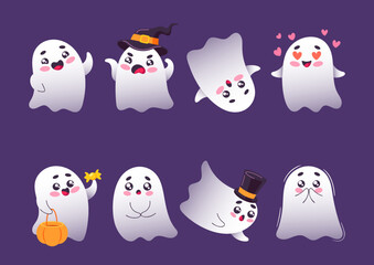 Set Of Cute Ghosts, Cartoon Halloween Characters. Funny Kawaii Spooks Creatures In Festive Hats With Candies