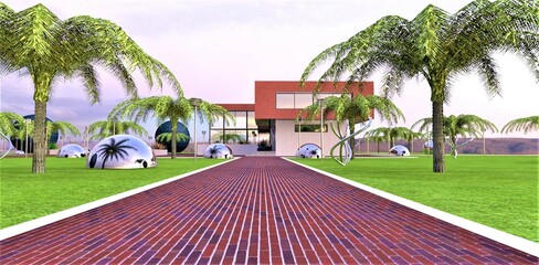Red-blue brick as paving stones on the road to the house. White graceful border. Palm trees and steel balls on the sides. Gorgeous foggy weather. 3d rendering.