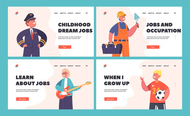 Kids Professions Landing Page Template Set. Builder, Musician, Pilot, Soccer Player. Concept with Children wear Costumes
