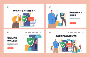 Characters Use Safe Payment Landing Page Template Set. Buyers Hold Credit Cards for Paying with Smartphone