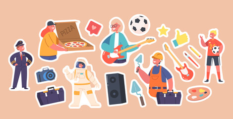 Set of Stickers Kids Professions Builder, Courier, Astronaut, Musician, Pilot and Football Player. Children Occupation