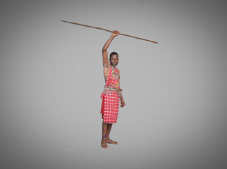 Masai warrior moran carrying spear over his head.African safari concept.War chants.Empty blank grey...