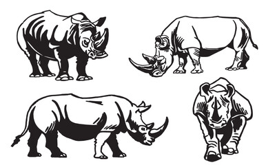 Vector set of rhinoceroses on white isolated,graphical drawing. Stylish print elements, savanna habitant