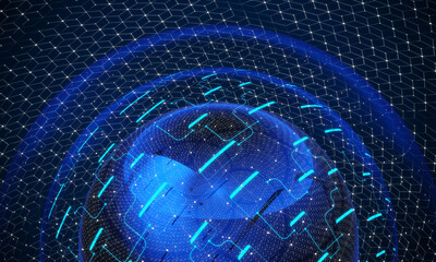 3d illustration block chain globe crypto nft 3d render blue background