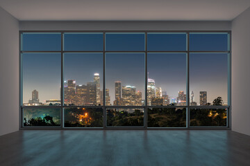Downtown Los Angeles City Skyline Buildings from High Rise Window. Beautiful Expensive Real Estate overlooking. Epmty room Interior Skyscrapers View Cityscape. Night. 3d rendering.