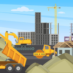 Construction background. professional vehicles for builders. Vector cartoon illustration