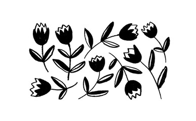 Hand drawn flower icons in silhouettes isolated on white. Vector Cute retro tulip or snowdrop flowers. Folk style drawn with pencil or charcoal. Spring botanical elements. Ink illustration. 