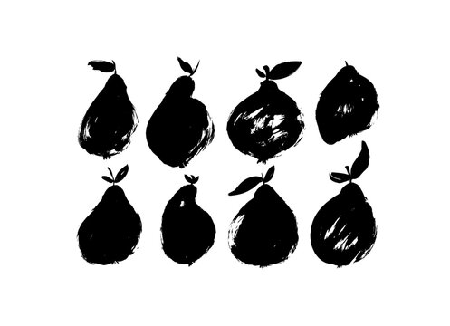 recommend clip art: Set of pear silhouettes. Brush drawn fruits isolate on white background. Pear vector icons with small leaves. Sketch style, naive drawing. Black fruit silhouettes with rough edges. 