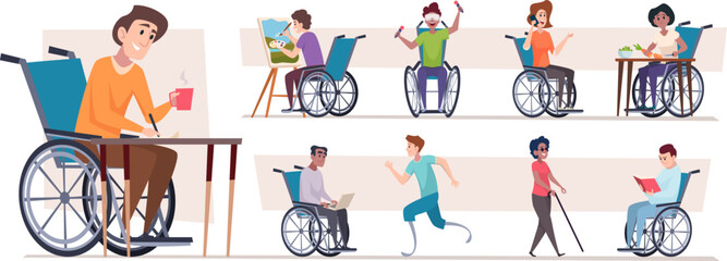 Characters multinacional diverse people making daily routine working and sitting in wheelchairs exact vector cartoon illustrations