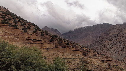 Small traditional houses in the mountains, Toubkal National Park, Atlas mountain range, Morocco