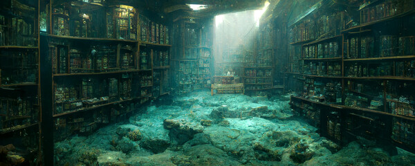 fantasy underwater deep ocean mysterious antiquity library background, 3d digital art style,