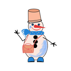 Snowman, cartoon character, color drawing, on a transparent background, for postcard and print design