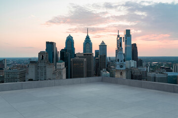 Obraz premium Skyscrapers Cityscape Downtown, Philladelphia Skyline Buildings. Beautiful Real Estate. Sunset. Empty rooftop View. Success concept.