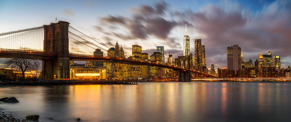 Brooklyn bridge and Manhattan bridge after sunset, New York City